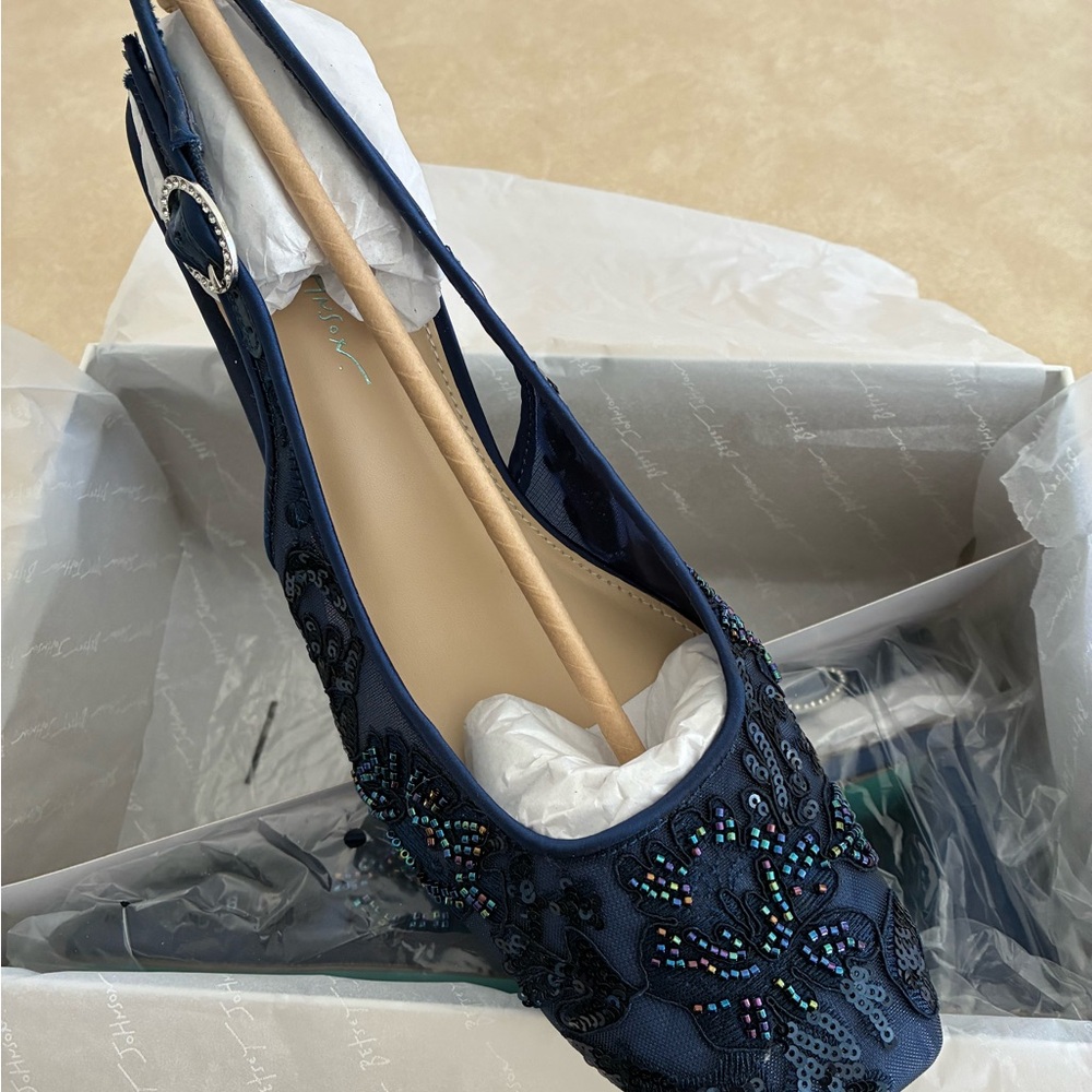 Betsey Johnson Navy Iridescent Beaded Floral Slingback Heels - Picture 7 of 9